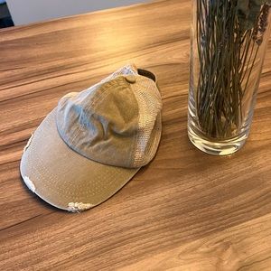 Free People Saltwater Trucker Hat Khaki Distressed Baseball Cap FP Adjustable